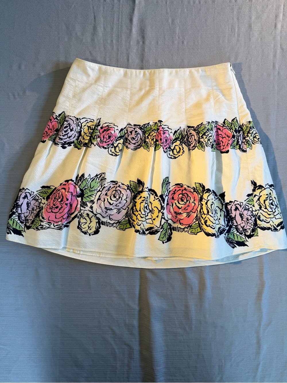 LOFT White Skater Skirt with Pink, Yellow & Purple Rose Border